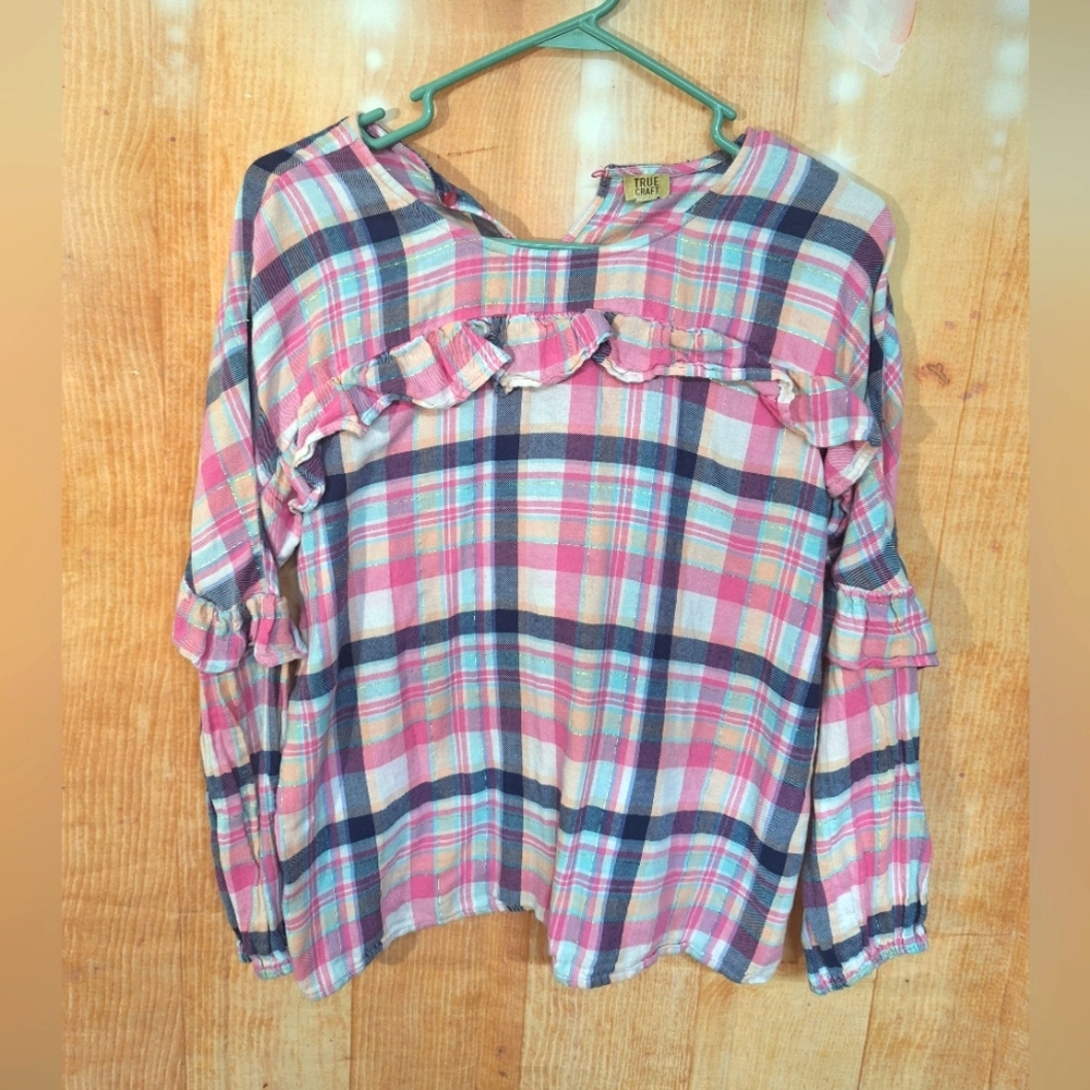 True Craft Pink and Blue Plaid Kids Top